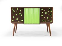 Modern Walnut Credenza, Buffet, Server, Sideboard, Lime Green Doors, Mid Century Style, Peg Legs 1 small