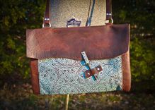 Bison And Turquoise Leather Messenger/Computer Bag With Vintage Key Closure 6 small