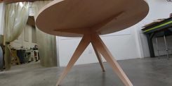 Kristin's Stained Beech Modern Tricky Tripod 54 Inch Diameter Dining Table 4 small