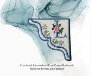 Handmade Embroidered Corner Bookmark: Antique Rose Monogram On Felt 1 small