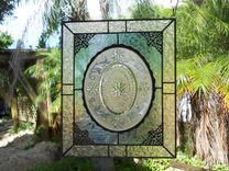 Stained Glass Window Panel W/ Recycled Vintage Glass, Suncatcher, Crystal Tiara Sandwich Glass Plate 2 small