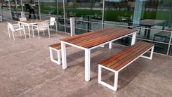 Reclaimed Brazilian Ipe And Steel Patio Table And Bench Set 1 small