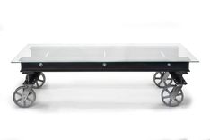 Modern Industrial Glass I-Beam Coffee Table With Casters, Coffee Table, Side Table, Glass Table 1 small