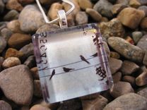Glass Tile Pendant With Birds On A Wire On Silver Snake Chain Necklace 1 small