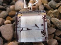 Glass Tile Pendant With Birds On A Wire On Silver Snake Chain Necklace 2 small