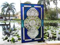Stained Glass Window Panel, Depression Glass Transom Window, Recycled Federal Glass Columbia Plate 6 small