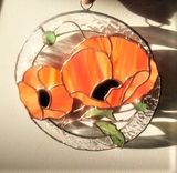 Orange Poppies - Round Stained Glass Panel/ Sun Catcher With 3d Leaves And Buds 4 small