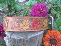 Colorful Leather Dog Collar, Handcarved With Beautiful Flowers 3 small