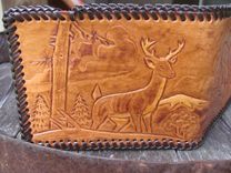 Hunting Design Handcarved Leather Wallet, Big Whitetail Buck, Doe And Fawn 1 small