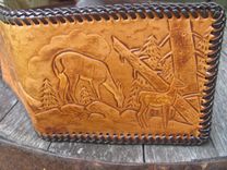 Hunting Design Handcarved Leather Wallet, Big Whitetail Buck, Doe And Fawn 3 small