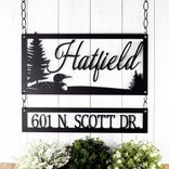 Personalized Rectangular Metal Family Name and Address Sign with Lake Loon, Script Lettering 1 small
