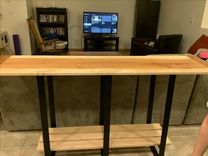 Cherry And Maple Sofa Table With Industrial Steel Legs And Maple Shelving 1 small
