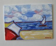 Impressionist Original Acrylic Beach Painting, 7" X 5", Sailboat, Umbrella 3 small