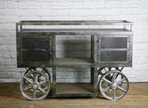 Reclaimed Wood Industrial Trolley Bar Cart - Storage Console, Sofa Table, Tv Stand. 2 small