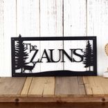 Personalized Rectangular Metal Family Last Name Sign with Doe Deer and Pine Trees 1 small