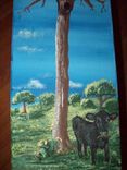 Wood Bench Painted With Cow Under Tree 2 small