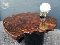 Modern Live Edge Coffee Table- Round Slab- Claro Walnut- Burl- Black Steel Bases- Crescent Moon 1 small