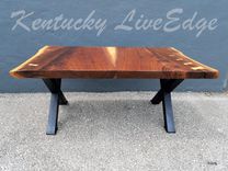 Modern Live Edge Walnut Coffee Table- Natural Dark Wood- Black Steel Legs- X Style Bases 5 small