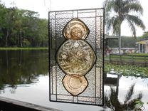 Stained Glass Window Panel, Heisey Narrow Flute Pattern Depression Glass Plates 7 small