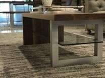 Modern Walnut Waterfall Coffee Table With Glass Shelf And Metal Leg. 4 small
