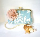 Blue Damask Print Clutch Purse With Peach Floral Accent 1 small