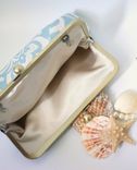 Blue Damask Print Clutch Purse With Peach Floral Accent 2 small