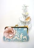 Blue Damask Print Clutch Purse With Peach Floral Accent 3 small