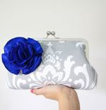 Gray Damask Clutch Purse With Blue Flower Adornment 1 small