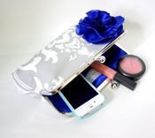 Gray Damask Clutch Purse With Blue Flower Adornment 2 small