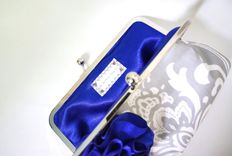Gray Damask Clutch Purse With Blue Flower Adornment 3 small