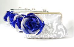 Gray Damask Clutch Purse With Blue Flower Adornment 4 small