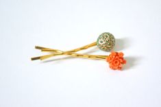 Bridesmaid And Flower Girl Gift -Ornate Orange And Green Duo Hair Pins 1 small