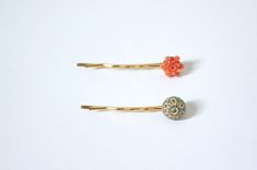 Bridesmaid And Flower Girl Gift -Ornate Orange And Green Duo Hair Pins 2 small