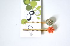 Bridesmaid And Flower Girl Gift -Ornate Orange And Green Duo Hair Pins 3 small