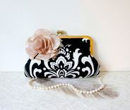 Victorian-Inspired Clutch Purse In Black And White With Handmade Satin Flower 1 small