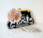 Victorian-Inspired Clutch Purse In Black And White With Handmade Satin Flower 3 small