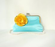 Blue Satin Clutch Purse With Yellow Flower Accent 1 small