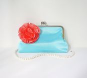Blue Satin Clutch Purse With Coral Satin Flower Accent 1 small