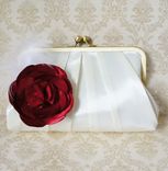 Pleated Clutch Purse With Satin Flower Brooch And Feathers 3 small