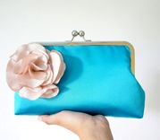 Teal Clutch Purse With Handmade Carnation Flower Brooch 3 small