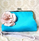 Teal Clutch Purse With Handmade Carnation Flower Brooch 1 small