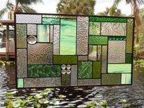 Stained Glass Patchwork Quilt Window Panel, Geometric Stained Glass Transom Window, Shades Of Green 1 small