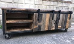 Rustic Industrial Barn Board Media Stand / Tv / Entertainment Stand W/ Sliding Doors 3 small