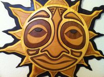 Brown Wood Crafted Mosaic Tribal Sun 2 small
