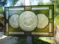 Depression Glass Pineapple And Floral Stained Glass Window, Antique Plate Panel, Window Valance 2 small