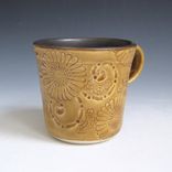 Ceramic Mug In Golden Yellow And Black With Chrysanthemums 2 small