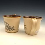 Pair Of Pottery Coffee Mugs With Drawings Of Black Flowers 1 small