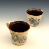 Pair Of Pottery Coffee Mugs With Drawings Of Black Flowers 3 small