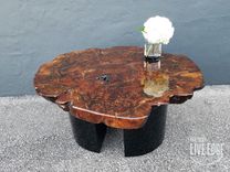 Modern Live Edge Coffee Table- Round Slab- Claro Walnut- Burl- Black Steel Bases- Crescent Moon 5 small