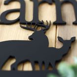 Personalized Rectangular Metal Family Name Plaque with Buck, Doe Deer, and Pine Trees 4 small